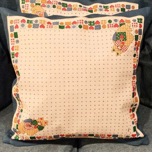 Kitten Printed Cotton 20 x 20 PAIR Throw Pillows Zippered Blue Linen NEW - Picture 4 of 11